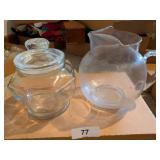 Etched Glass Pitcher & Clear Glass Candy Jar