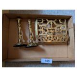 Pair Brass Candlesticks & Cook Book Holder