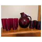 Ruby Red Pitcher w/ (3) Matching Glasses +