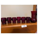 (6) Ruby Red Juice Glasses, Red Vase & Other