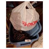 (2) Large Vases, Several Pine Cones & Tote w/ Lid