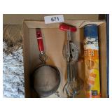 Red Handled Vintage Egg Beater, Strainer &