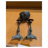 Cast Metal Trinket Dish & (2) Candle Sticks