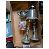 Pewter Candlesticks, Oil Lamp, +
