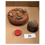 Wood Pin Cushion, Sm. Sewing Basket, Tape Measure