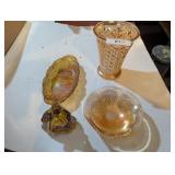 Amber Glass Vase, Carnival Dishes & Other