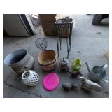 Plant Stand, Pots, Bird House, Wood Chicken &