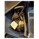 Tote w/ Skillets, Traps, Axe, Wagon Wheel, Scale &