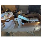 Small Wooden Footstool, Painted Plate & Wall Art