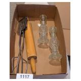 Avon Glass Candlesticks, Grill Tongs & Other