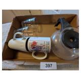 Glass Coffee Pot, (2) Mugs & (2) Glasses