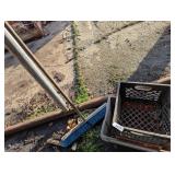 (2) Milk Crates, Plastic Container & Push Broom