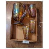 Iridescent Carnival Glass Pitcher w/ Glasses