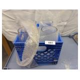 Plastic Milk Crate w/ (4) Clear Glass Vases