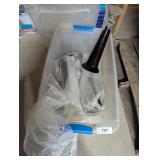 Tote w/ Lid + (~8) Black Stemmed Glass Vases