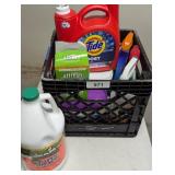 Milk Crate w/ Assorted Cleaning Supplies, **