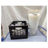 Plastic Milk Crate w/ Large Clear Glass Vase