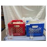 (2) Plastic Milk Crates w/ Tall Square Vases