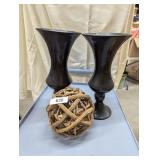 (2) Black Vases w/ Wooden Ball Decor