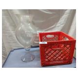 Plastic Milk Crate w/ Large Clear Glass Vase