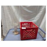 Plastic Milk Crate w/ Large Clear Glass Vase