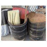 (2) Metal Barrels w/ Snow Shovel, Fork, Rake, +