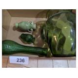 Green Glass Pitcher & Some Small Green Vases