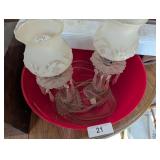Plastic Tub w/ (2) Vintage Glass Dresser Lamps &