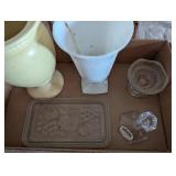 (2) Vases, Glass Tray, Candlestick & Footed Bowl