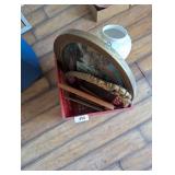 Plastic Milk Crate w/ Haeger Bowl, Vase, +