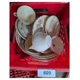 Plastic Milk Crate w/ Assorted Vintage Dishes