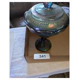 Blue Carnival Glass Pedestal Candy Dish