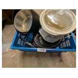Plastic Crate w/ (2) Crock Pots & Small Fryer