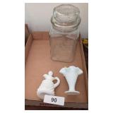 (2) Hobnail Milk Glass Items & Glass Canister