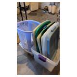(3) Totes w/ Lids, Laundry Basket & Misc. Lids
