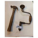 Vintage Hand Cranked Drill & Wooden Handle Hammer