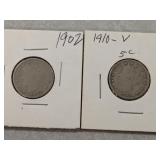 (2) Liberty Nickels - 1902, 1910-V