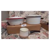 (2) Enamelware Pans w/ Lids + Other