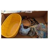 Blue Ceramic Hen on Nest, Yellow Planter &