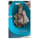 Plastic Tub w/ Embroidery Hoop, Crochet Hooks &