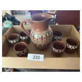 Brown Glazed Stoneware Pitcher w/ (6) Cups