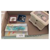Jewelry Box, Small Wooden Tray, Costume Jewelry &
