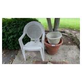 (2) Plastic Flower Pots, Plastic Chair &