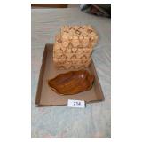 Monkey Wood Bowl & (3) Stacking Baskets