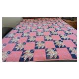 Hand Quilted Leaf Design Quilt, Pink & Navy