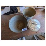 (2) Galvanized Buckets & Metal Small Trash Can w/