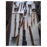 Bucket w/ Pipe Wrench, Square, Hammers & Other