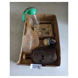 Syrup Dispenser, Vintage Bottles, Fishing Reel, +