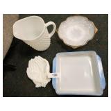 Hobnail Milk Glass Pitcher, Fire King Casserole, +