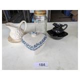 (2) Small Pitchers, Atlas Jar & Ceramic Heart